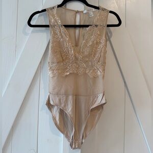 Forever 21 Lace Mesh Bodysuit – Nude / Beige